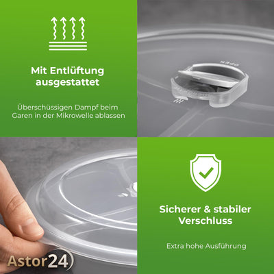 astor24 2er Set Mikrowellen Teller - Hohe Ausführung - Vorrats Dose Aufbewahrung Geschirr zum erhitzen, einfrieren mit 3 Fach Aufteilung Deckel mit Belüftung BPA frei (2er Set Grau)