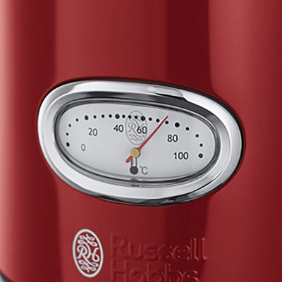 Russell Hobbs Wasserkocher [1,7l, 2400W] Retro Rot & polierter Edelstahl (Schnellkochfunktion, Wassertemperaturanzeige im Retrodesign, außenliegende Wasserstandsanzeige) Vintage Teekocher 21670-70