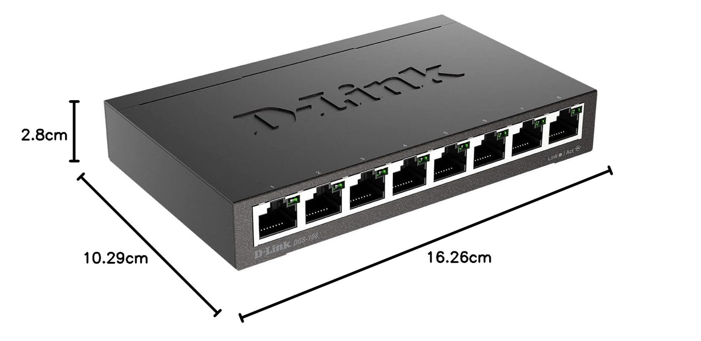 D-Link DGS-108 8-Port Layer2 Gigabit Switch (bis zu 2000 Mbit/s Datenübertragung pro Port, Non-Blocking-Architektur, lüfterlos, Metallgehäuse) schwarz