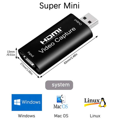 Videoaufnahmekarte Capture Card hdmi USB Adapter, 1080P hdmi Capture Card hdmi Video Capture USB2.0 für Gaming, Streaming TV, Rekorder Live-Streaming Video für Windows Mac OS (hdmi USB)