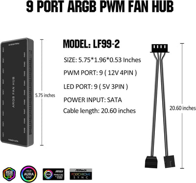 ARGB PWM Fan Hub, Addressable 5V 3Pin ARGB & 12V 4Pin PWM 2-in-1 RGB Case Fan Hub with Hidden Magnetic Base and SATA Power 18 Port, Support 9 Computer CPU Fans Splitter