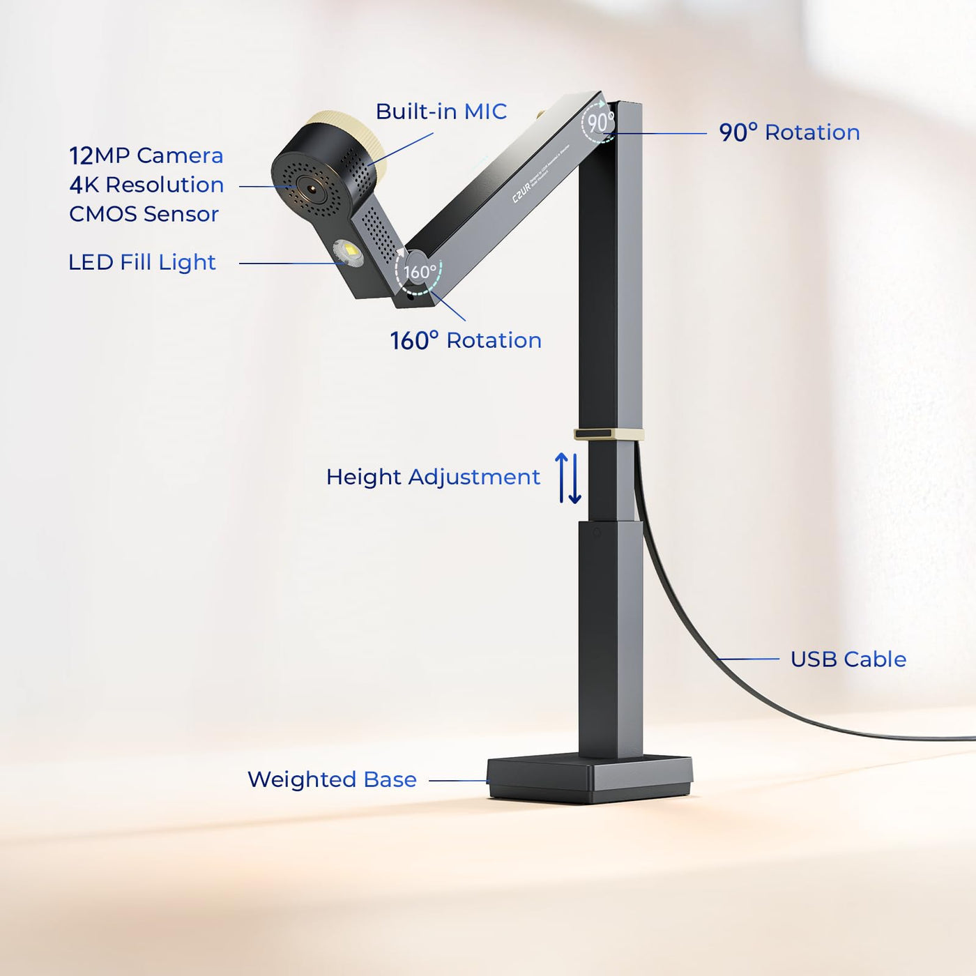 CZUR 12MP USB-Dokumentenkamera 4K Auflösung, Visualizer mit Dual-Auto-Fokus, 60FPS, A3-Format, LED Licht, MIC, Drehen, Spiegeln, Faltbarer Document Camera für macOS und Windows | Fancy S Pro