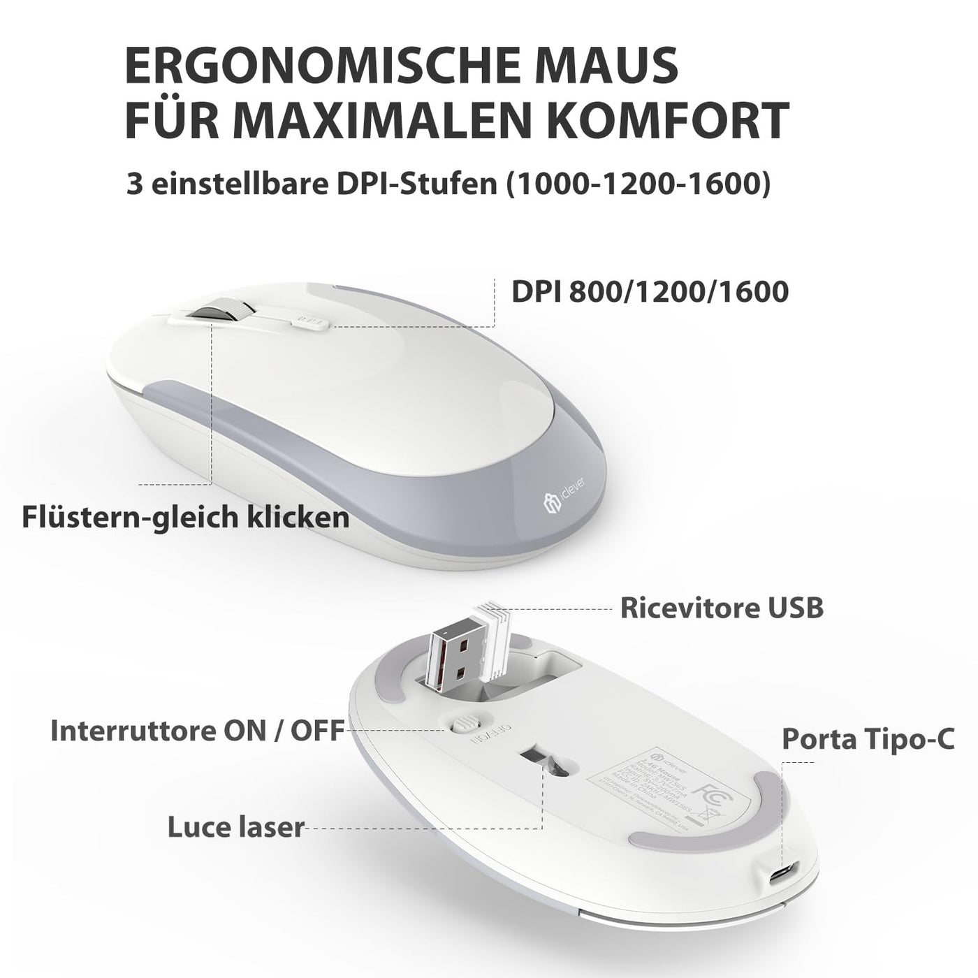 2.4G Maus Set kabellos, iClever Aluminium Wireless Slim Tastatur QWERTZ Layout (Deutsch), für Computer/Desktop/PC/Laptop/Oberfläsche/Smart TV und Windows 10/8/7/Vista/XP (2.4GHz, USB)