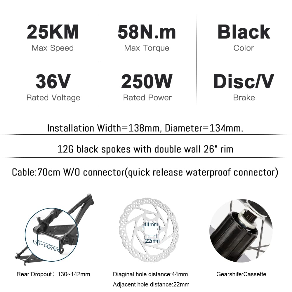 Kit de conversion de vélo électrique YOSE POWER 36V250W 26" Kit de conversion de vélo électrique moteur arrière 26'' pour cassette à pignon avec contrôleur intégré Batterie 36V13Ah