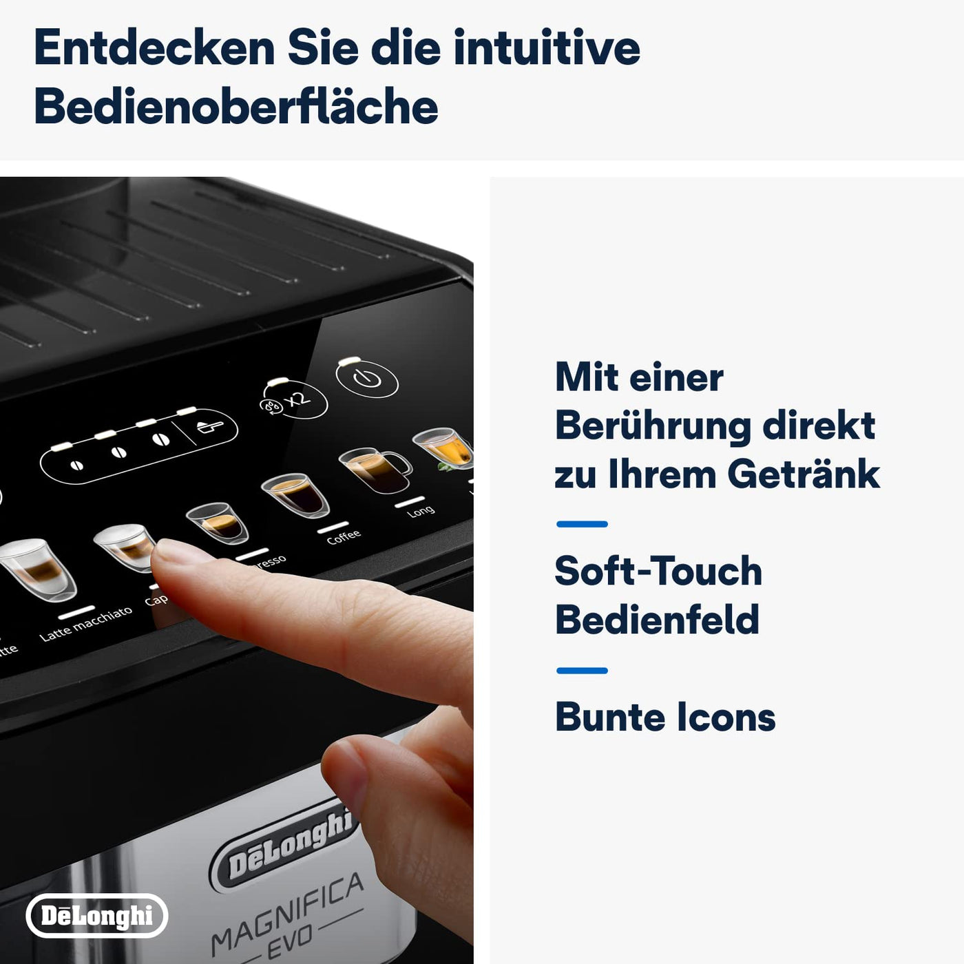 De'Longhi Magnifica Evo ECAM 292.81.B Kaffeevollautomat mit LatteCrema Milchsystem, 7 Direktwahltasten für Cappuccino, Espresso und weitere Kaffeespezialitäten, 2-Tassen-Funktion, Schwarz