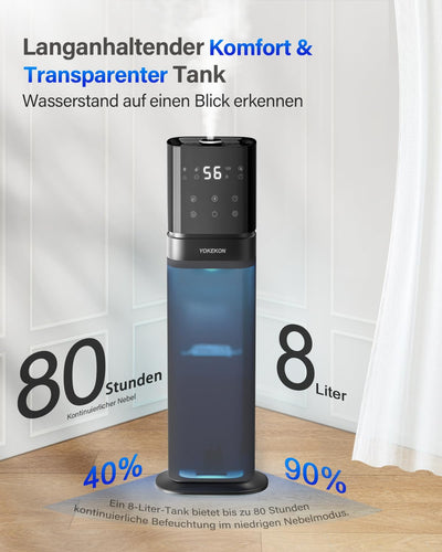 YOKEKON Luftbefeuchter 8L mit Oberbefüllung für Schlafzimmer - Timer, Sanlight, Schlafmodus, Humidifier, Aroma-Disk, 360° Drehbare Doppeldüse, ätherisches Öl