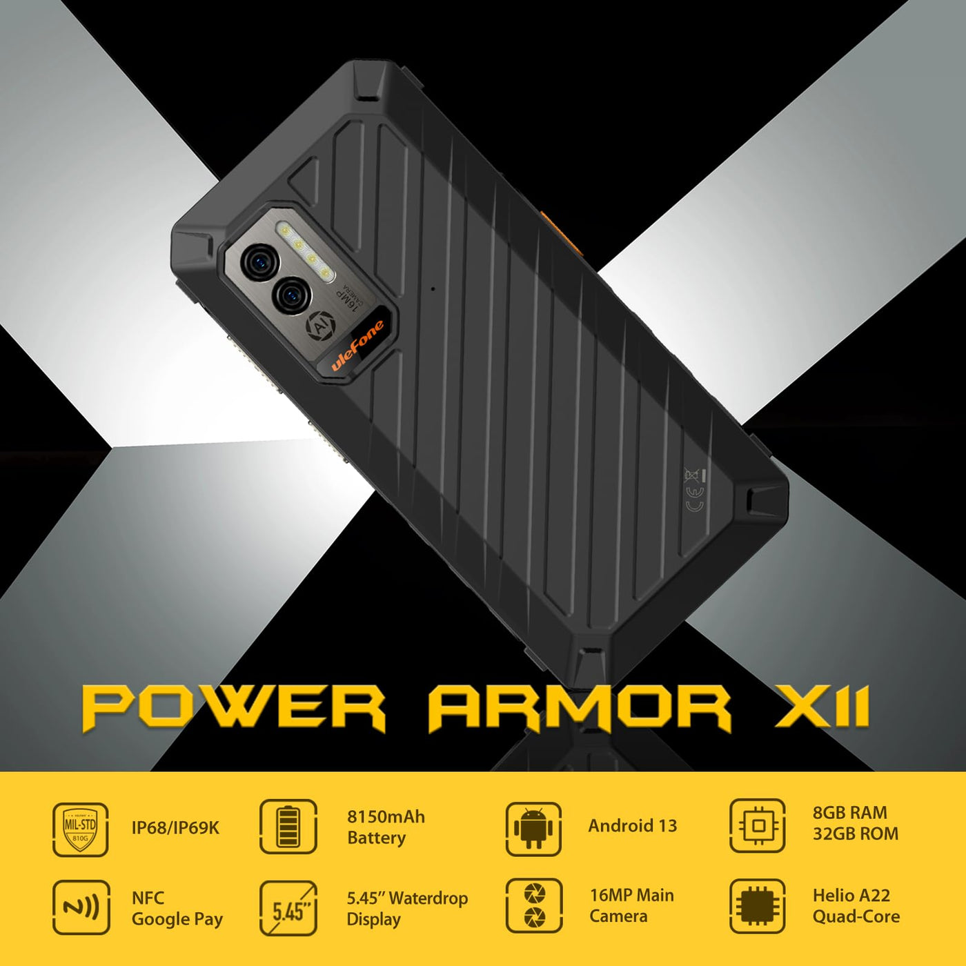 Ulefone Power Armor X11 Outdoor Smartphone Android 13, Bis zu 8GB + 32GB/SD-256GB 8150mAh Akku, IP68/IP69K Outdoor Handy Ohne Vertrag, 16MP Kamera, 5GHz Wi-Fi/NFC/OTG/GPS Dual SIM 2 Jahre Garantie