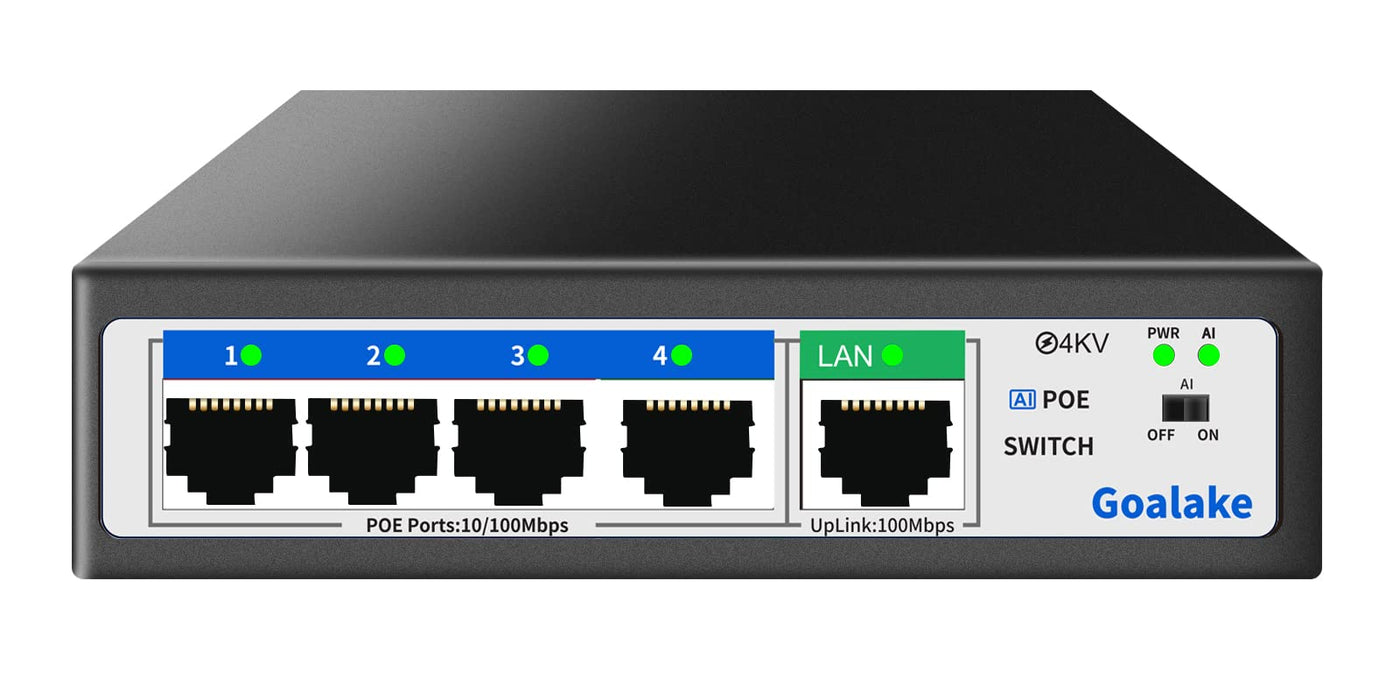 Goalake PoE+ Switch 5 Port 100Mbps (4 PoE Ports + 1 Uplink), 802.3af/at, 52W für alle PoE Ports, AI erweitert auf 250m, ideal für IP-Überwachung und Access Point, Desktop/Wandhalterung (Unmanaged)