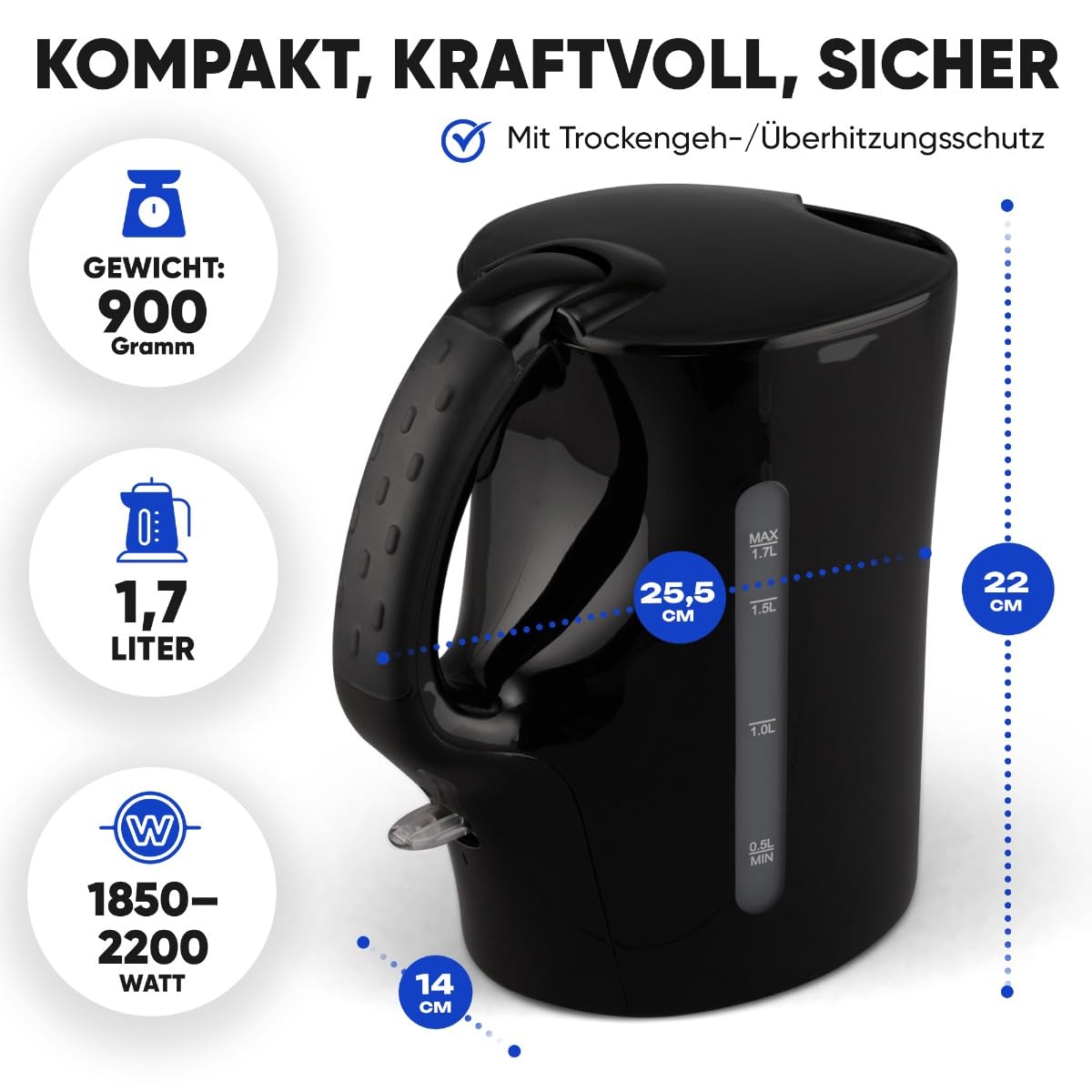 Clatronic® Wasserkocher | Kettle | Wasserkocher 1,7 L mit automatischer & manueller Abschaltung | herausnehmbarer Kalkfilter | max. 2200Watt | Wasserkocher schwarz | WK 3445