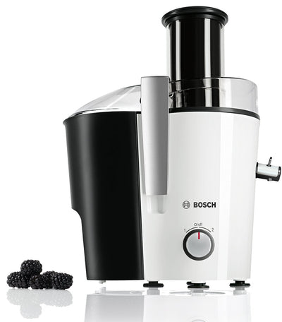 Bosch Entsafter VitaJuice 2 MES25A0, elektrische Saftpresse für Obst und Gemüse, großer Einfüllschacht, 1,25l Saftbehälter, mehrere Geschwindigkeiten, spülmaschinengeeignet, 700 W, weiß/anthrazit