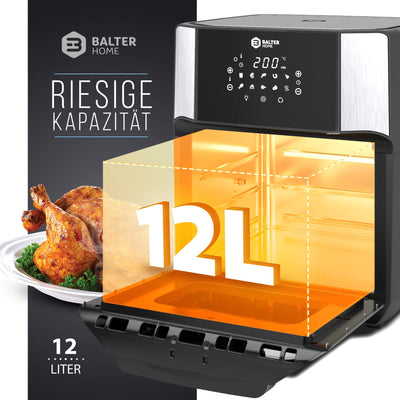 Balter Heißluftfritteuse HL-1200, Friteuse, 12 Liter, Mini Backofen, Dörrautomat Funktion, LCD Display, 10 Programme, inkl. Rezeptheft und Zubehör