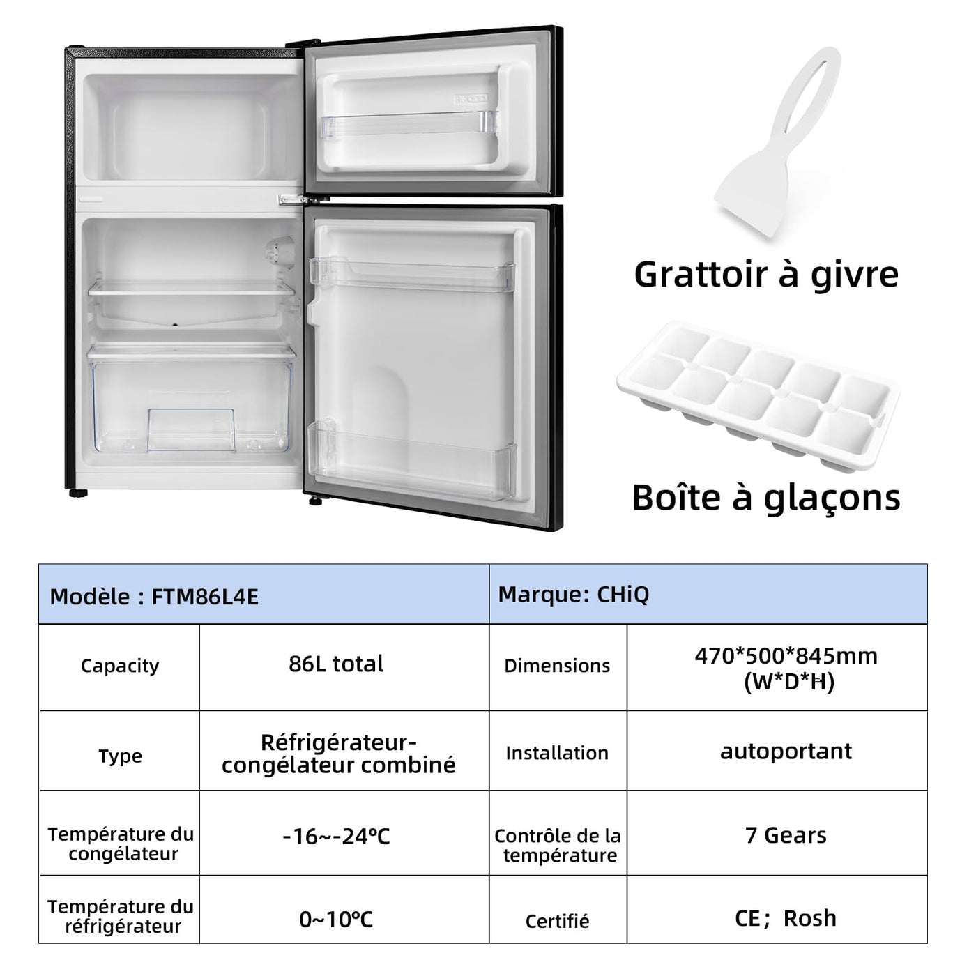 CHIQ 86 Liter kleiner Kühlschrank, 25 Liter Gefrierfach, 61 Liter Kühlschrank, 4 Sterne Gefrierfach, mit Eiswürfelbereiter für Wohnung, Wohnheim, 12 Jahre Garantie auf den Kompressor