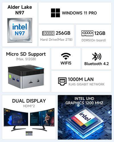 GMKtec Mini-PC N97 mit with Windows 11 Pro, G5 Micro-Desktop-Computer, Intel Alder Lake N97 der 12. Generation (bis zu 3,60 GHz), 12 GB DDR5, 256 GB großes Laufwerk für Unternehmen, Schule