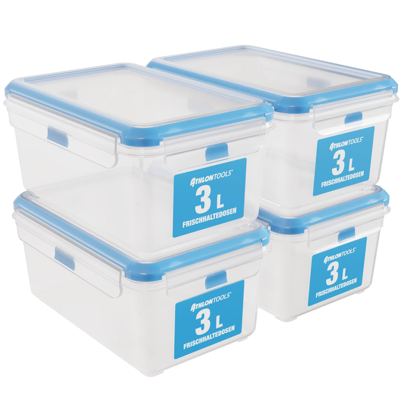 ATHLON TOOLS 4x 3L Frischhaltedosen-Set in Gastro-Qualität - 100% luftdicht und auslaufsicher -40 bis +100 Grad - für alle Lebensmittel - BPA-frei - Vorratsdosen für Kühlschrank (3 L | 4er Set)