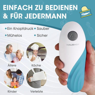 HAUSHOF Elektrischer Dosenöffner, One Touch Dosenöffner, Automatische 360°-Drehung & Automatischer Stopp, Küchenhelfer für Köche, ältere Menschen, Kinder & Verletzte, Mit 4 AA-Batterien, Blau