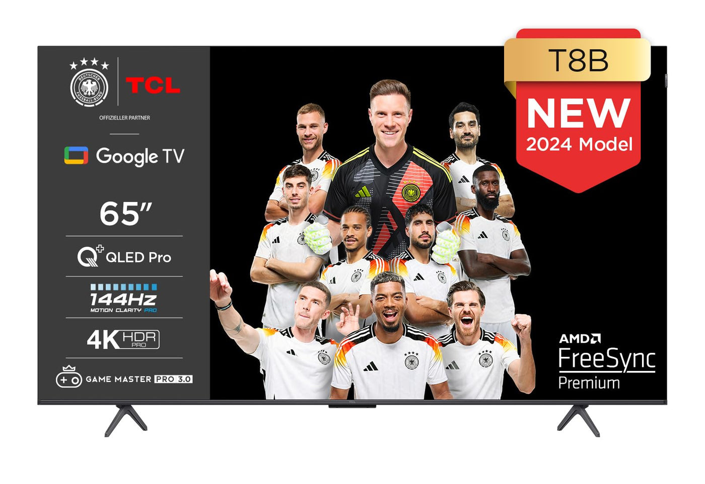 TCL 65T8B 65-Zoll QLED Pro 144Hz Onkyo Gaming Fernseher, 4K UHD, HDR Pro, Google TV (Dolby Vision IQ & Atmos, Motion Clarity, Freihändige Sprachsteureung, Kompatibel mit Google Assistant & Alexa)