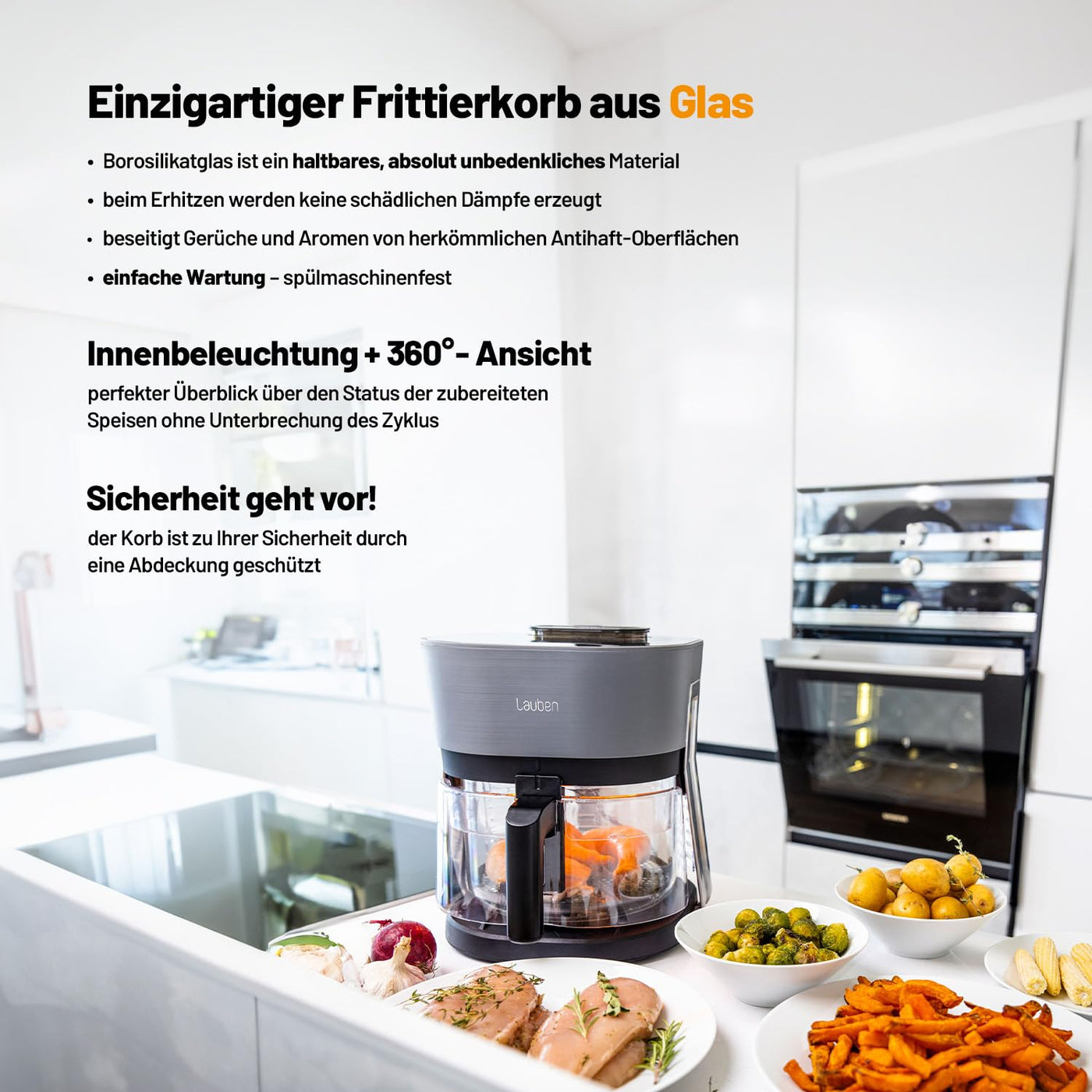 Lauben Glass&Steam Heißluftfritteuse 4500BG Air Fryer mit Glasfrittierkorb, Dampffunktion, 8 Programme, manuelle Zeit- und Temperatureinstellung, spülmaschinenfester Korb, Behältervolumen 4,5l