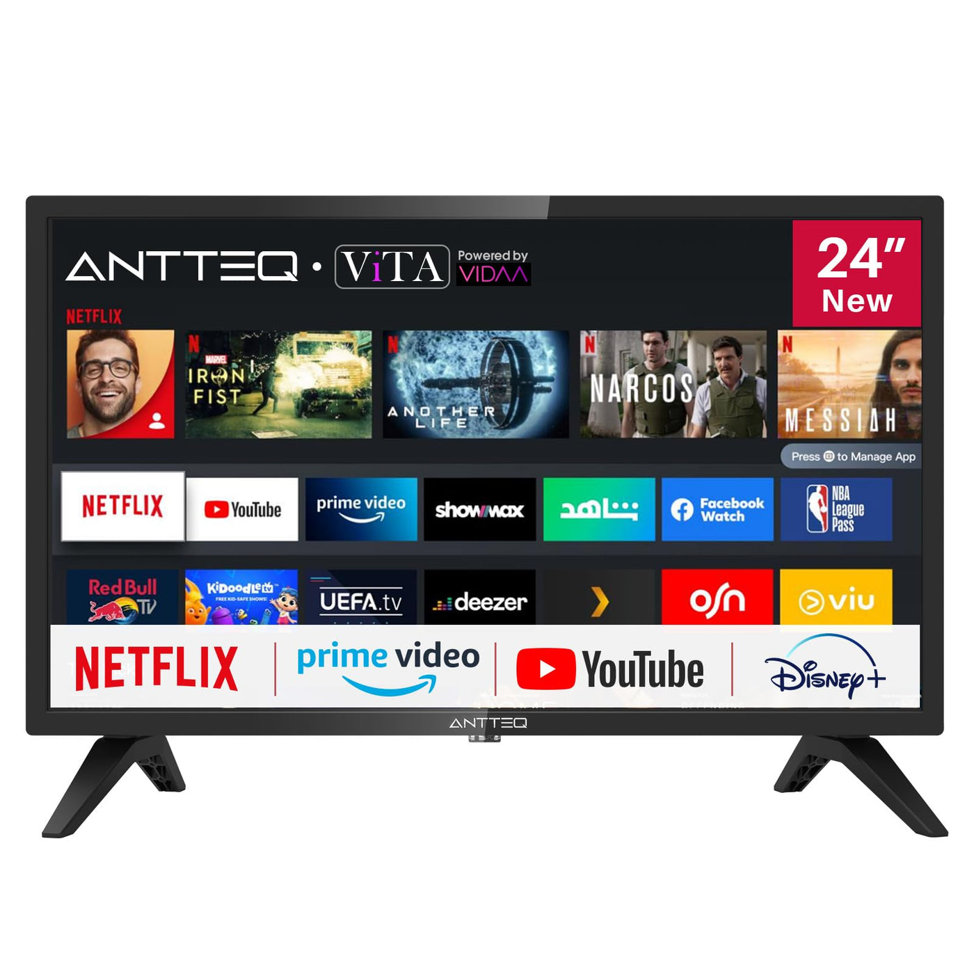 Antteq AV24H3 Fernseher 24 Zoll (60 cm) Smart TV mit Netflix, Prime Video, Rakuten TV, DAZN, YouTube, UVM, WiFi, Triple-Tuner DVB-T2 / S2 / C