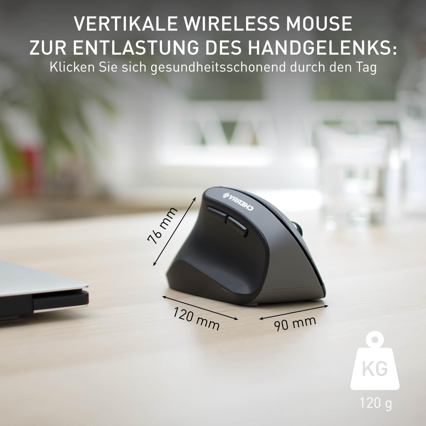 CHERRY MW 4500 LEFT, Ergonomische Vertikale Maus für Linkshänder, Kabellos (2,4 GHz Funk), 3-stufig regelbare Auflösung bis 1200 dpi, Batteriebetrieben, Schwarz