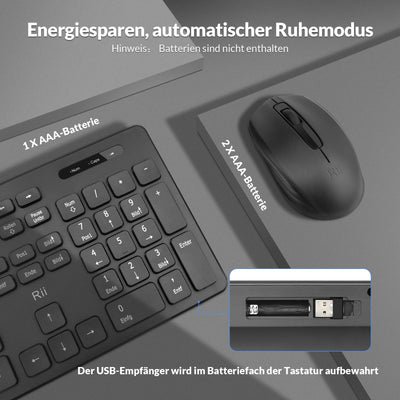 【2-Pack】 Rii Tastatur Maus Set kabellos, Funktastatur mit Maus, Wireless Keyboard and Mouse, Für PC/Laptop/Windows/Smart TV, Deutsches Layout - schwarz