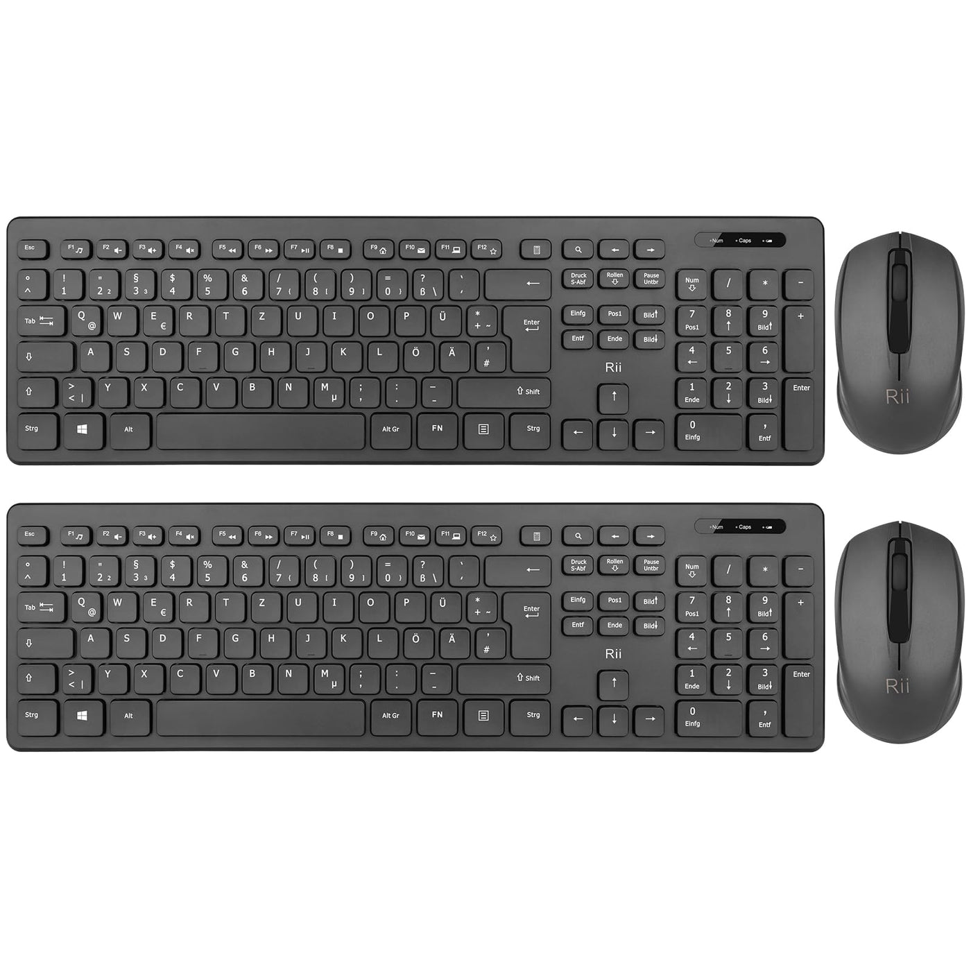 【2-Pack】 Rii Tastatur Maus Set kabellos, Funktastatur mit Maus, Wireless Keyboard and Mouse, Für PC/Laptop/Windows/Smart TV, Deutsches Layout - schwarz