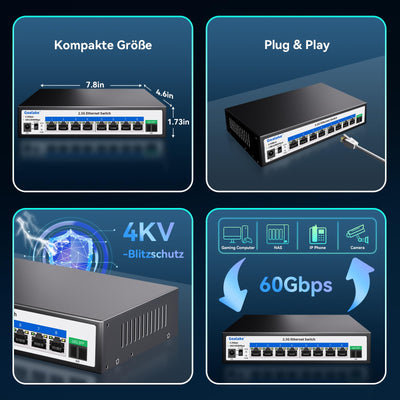 Goalake Multi-Gigabit Desktop-Switch, 8 Anschlüsse, 2,5 G, Nicht verwaltet, 8 Base-T Ports 2,5 G, 1 SFP+ 10 G, 802.3X Flusskontrolle, 2,5 Gbe Netzwerk-Switch, ideal für kleine Büros