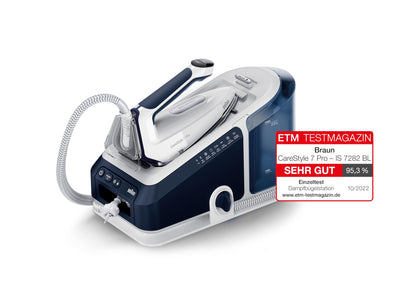 Braun CareStyle 7 Pro Dampfbügelstation IS 7282 BL – Dampfbügeleisen mit FreeGlide 3D Bügelsohle, iCare-Funktion, abnehmbarer 2 L Wassertank, Dampfstoß 600 g/min, 2700 Watt, Blau/Weiß