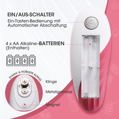 HAUSHOF Elektrischer Dosenöffner, One Touch Dosenöffner, Automatische 360°-Drehung & Automatischer Stopp, Küchenhelfer für Köche, ältere Menschen, Kinder & Verletzte, Mit 4 AA-Batterien, Rosa