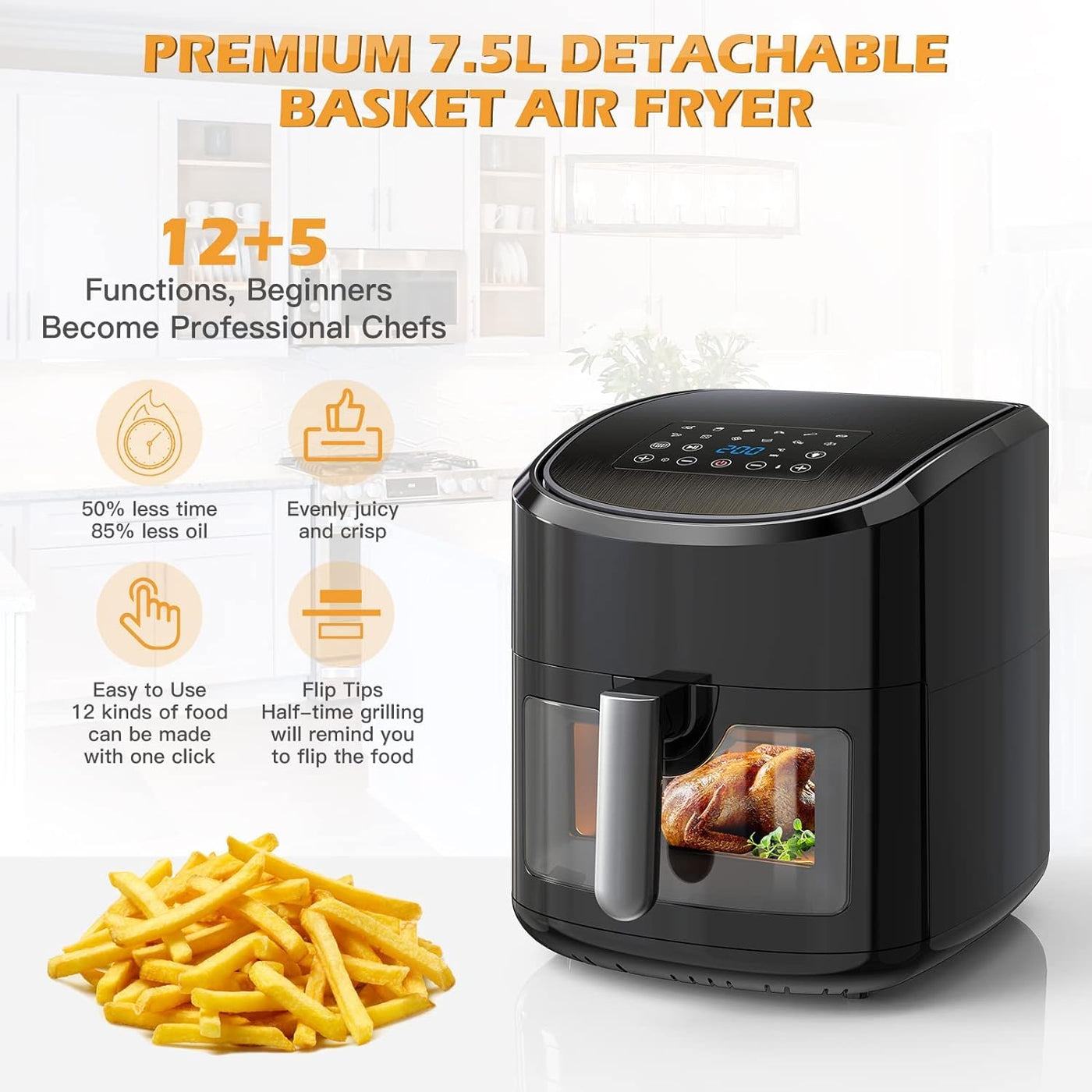 Euary Heißluftfritteuse 7,5L XXL 1700W Friteuse Heissluftfriteuse mit 12 Programmen,Fritteuse Heissluft Ohne Fett,Airfryer mit Rezeptbuch auf Deutsch