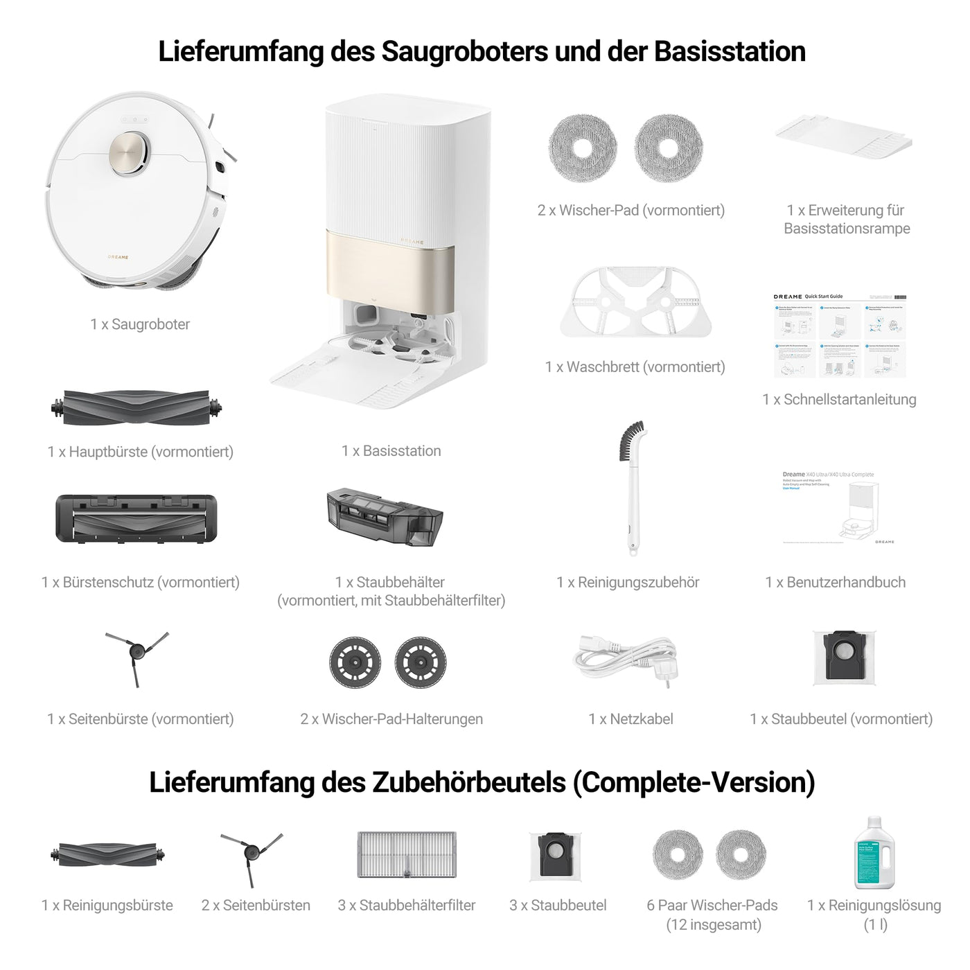 dreame X40 Ultra Complete Saugroboter mit Wischfunktion, 12.000Pa Saugkraft, 70℃ Wischmopp, selbstreinigend, automatische Entleerung, automatisches Nachfüllen, Anti-Wirrwarr und anhebbare Bürsten