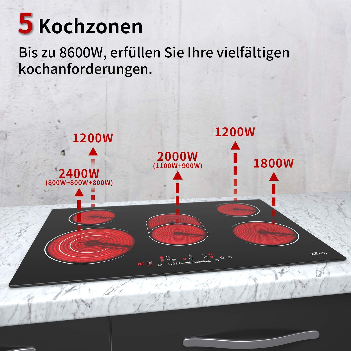 Glaskeramikkochfeld, IsEasy Kochfelder, 77cm, 8600W, 5 Kochzonen, 2400W/2000W/1800W/1200W, Verdrahtung, Einbau Keramikkochfeld, 9 Heizstufen, Automatische Abschaltung, Restwärmeanzeige