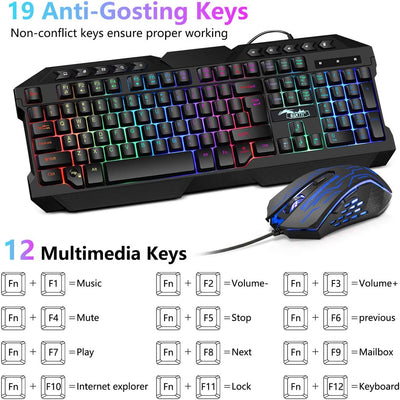 BAKTH Gaming Tastatur und Maus Set, LED Hintergrundbeleuchtung QWERTZ DE Layout, Regenbogen Farben Beleuchtete USB Wasserdicht Tastatur und Maus mit 3600 DPI für Pro PC Gamer