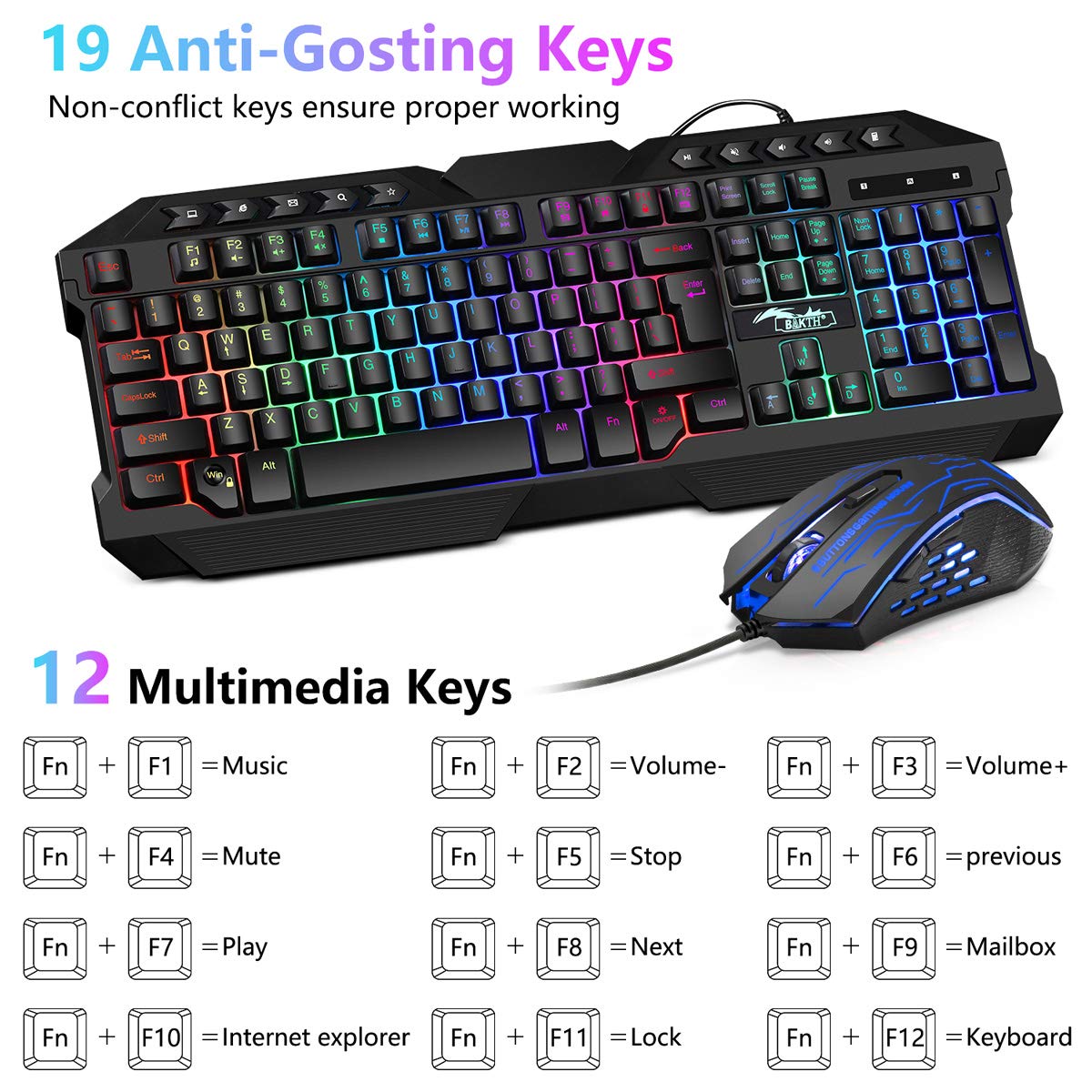 BAKTH Gaming Tastatur und Maus Set, LED Hintergrundbeleuchtung QWERTZ DE Layout, Regenbogen Farben Beleuchtete USB Wasserdicht Tastatur und Maus mit 3600 DPI für Pro PC Gamer