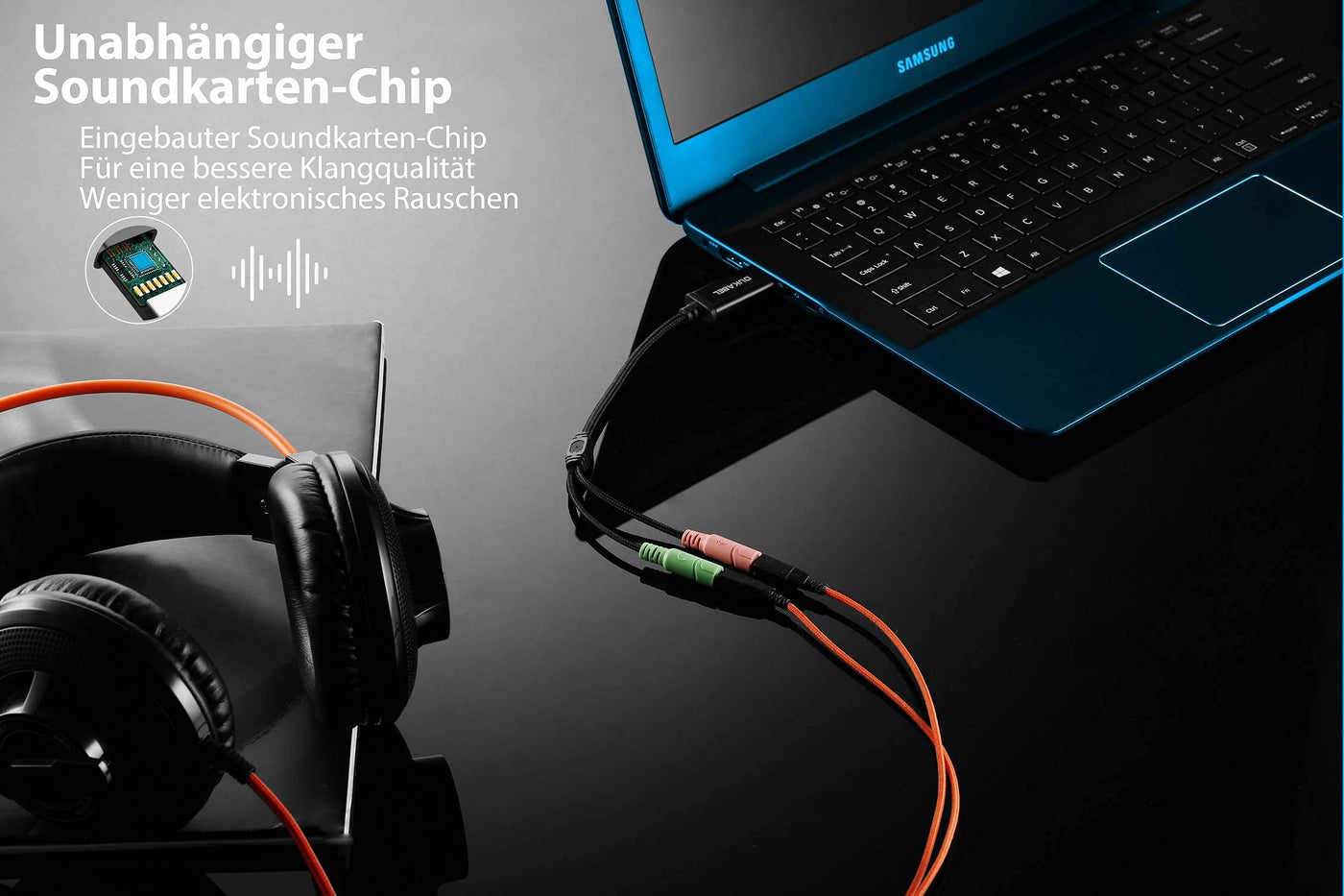 DuKabel Externe USB Soundkarte Adapter für Computer, Laptop und PS4, USB auf 2 x 3.5mm Buchse Aux Audio Konverter Kabel für Kopfhörer, Lautsprecher und 3 Pole TRS Mikrofon - Schwarz