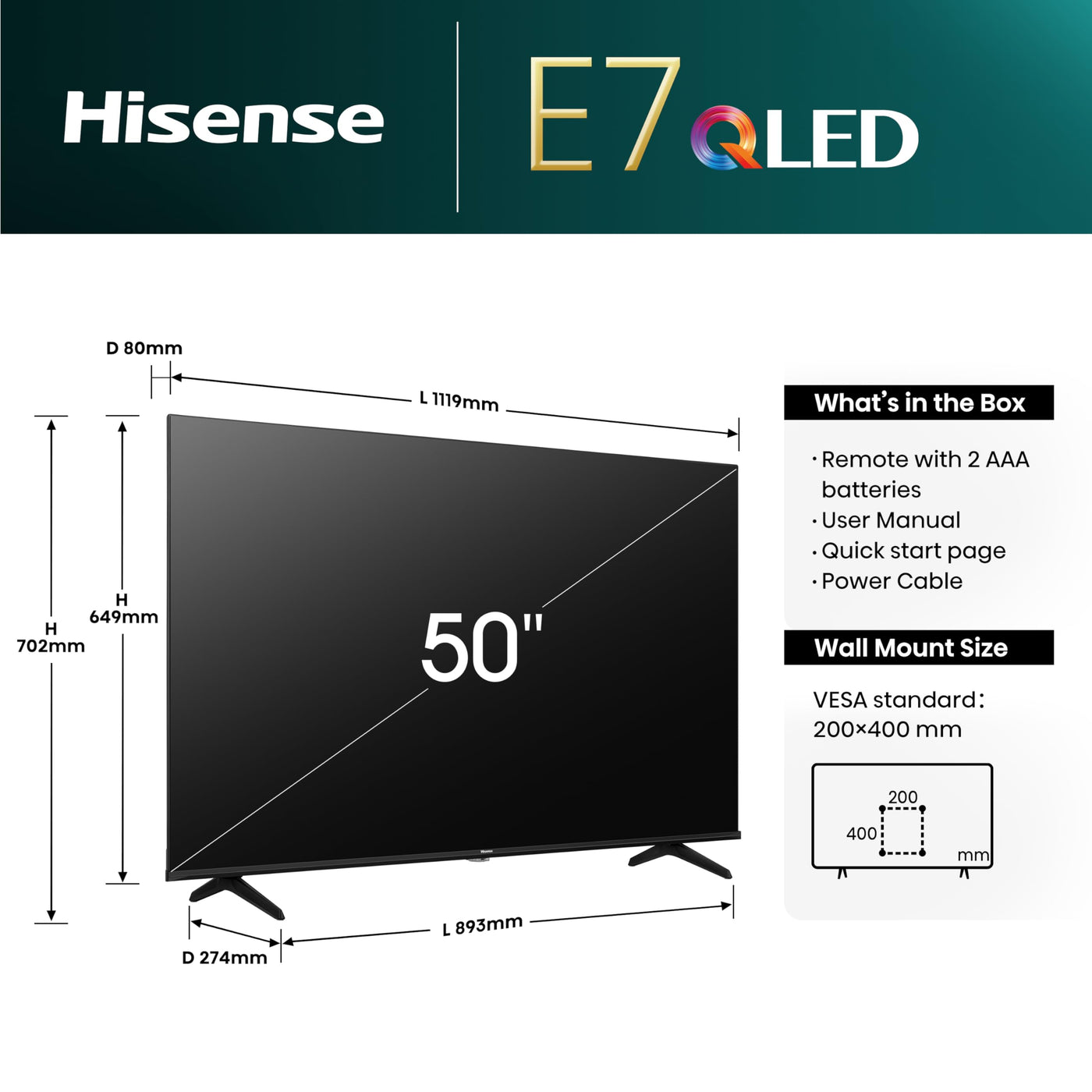 Hisense 50E7NQ 126 cm (50 Zoll) Fernseher, 4K UHD, QLED, HDR10, HDR10+ decoding, HLG, Dolby Vision Atmos, 60Hz Panel, Smooth Motion, Bluetooth, Alexa Built-in, VIDAA Voice, Schwarz [2024]