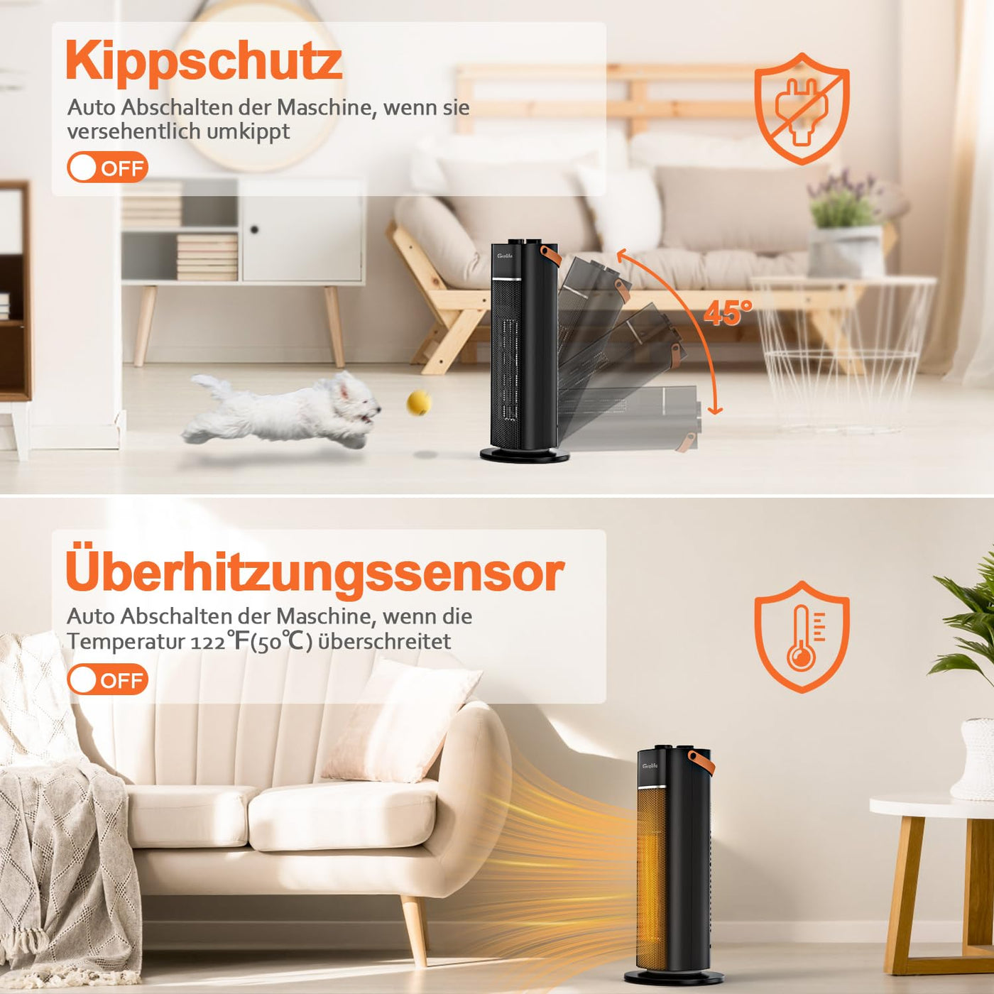 Grelife Heizlüfter, 1500W Leiser Energiesparend Heizung Elektrisch mit Thermostat, 70° Oszillationsfunktion, 3x Heizstufen, Raumheizgerät für Bad, Büro, Wohnzimmer, Schlafzimmer, Schwarz