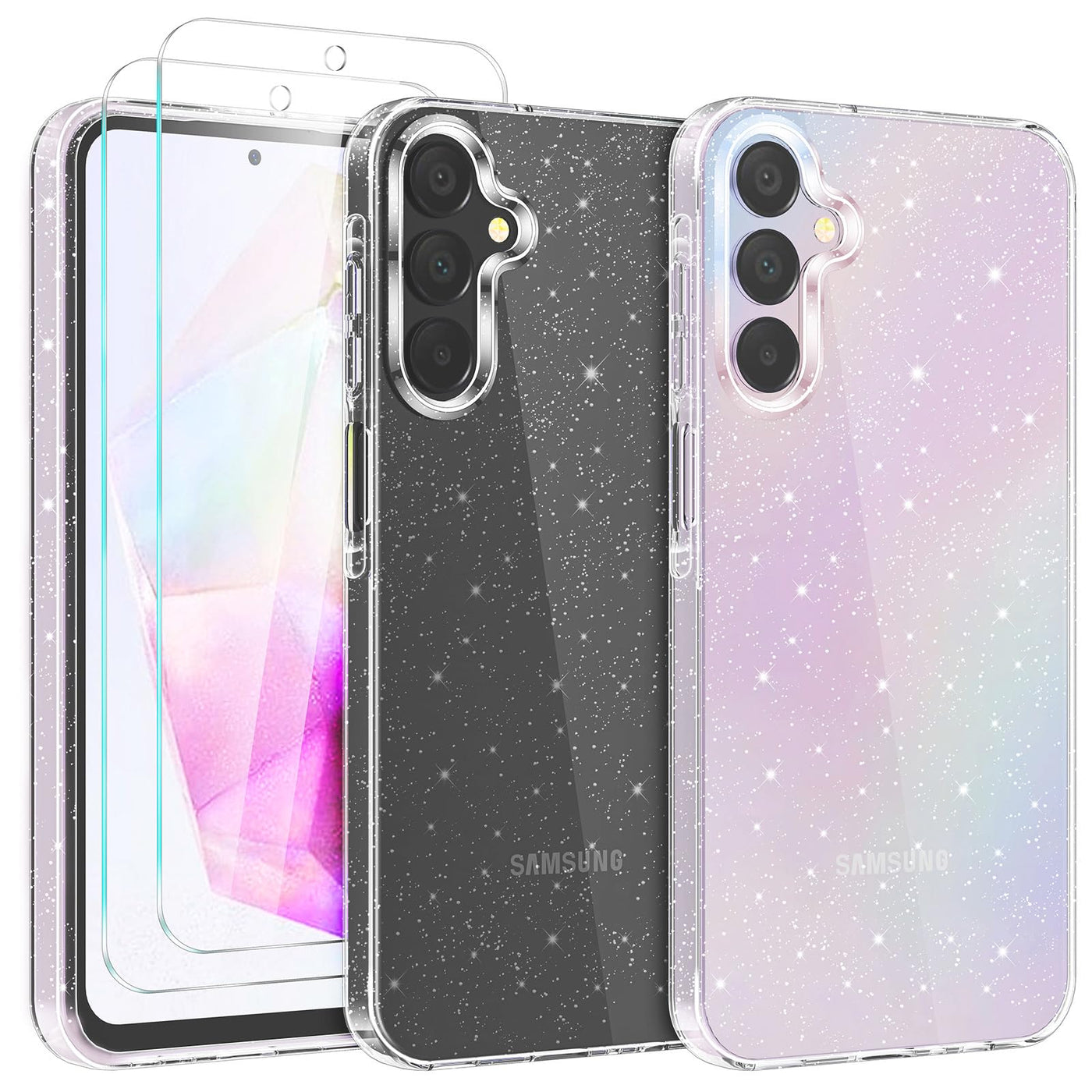 YIRSUR Glitzer Hülle für Samsung Galaxy A35 5G, mit 2 Stück Glasfolie, Transparent Handyhülle Bling Weiche TPU Silikon Stoßfest Schutzhülle für Frauen und Mädchen