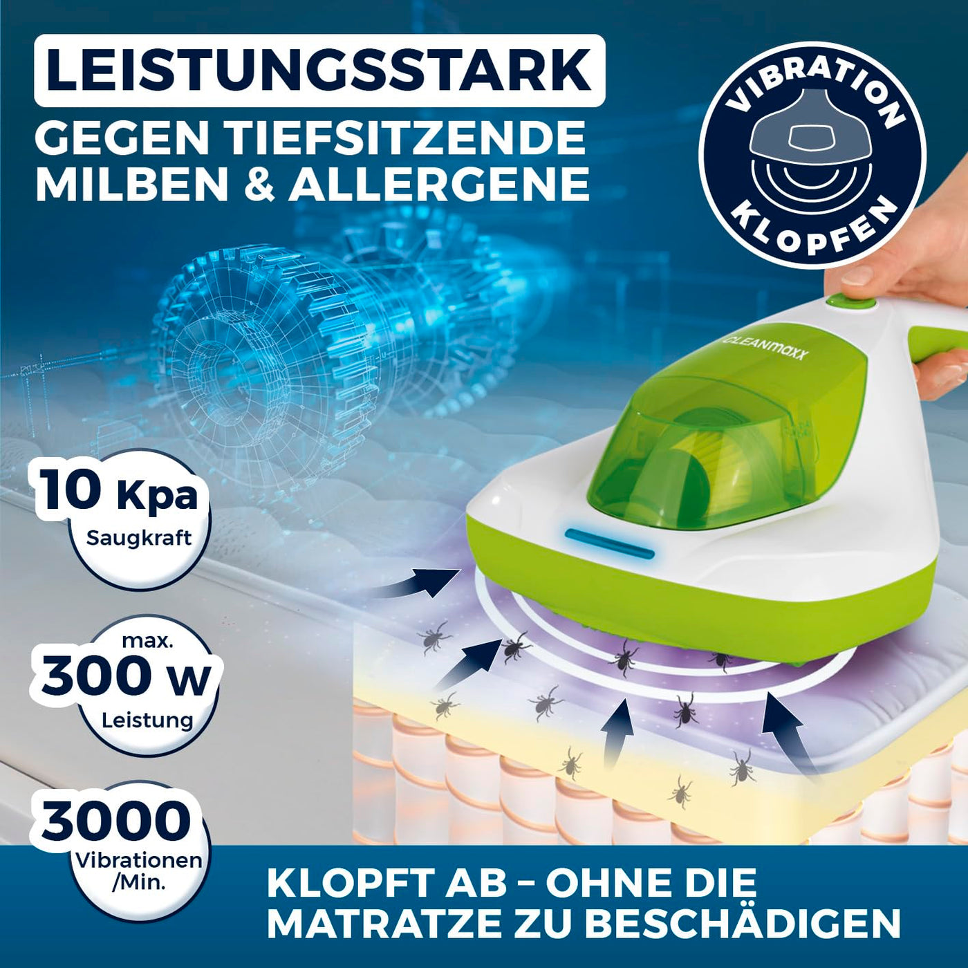 CLEANmaxx Anti-Milben-Handstaubsauger | Matratzenreiniger mit UV-C Licht | Vernichtet 99,9% Aller Milben | Inkl. HEPA Filter und 250ml Staubbehälter | Ideal für Allergiker [Limegreen]