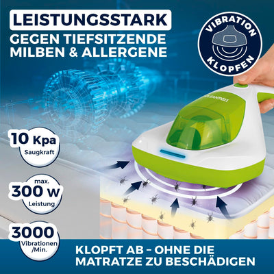 CLEANmaxx Anti-Milben-Handstaubsauger | Matratzenreiniger mit UV-C Licht | Vernichtet 99,9% Aller Milben | Inkl. HEPA Filter und 250ml Staubbehälter | Ideal für Allergiker [Limegreen]