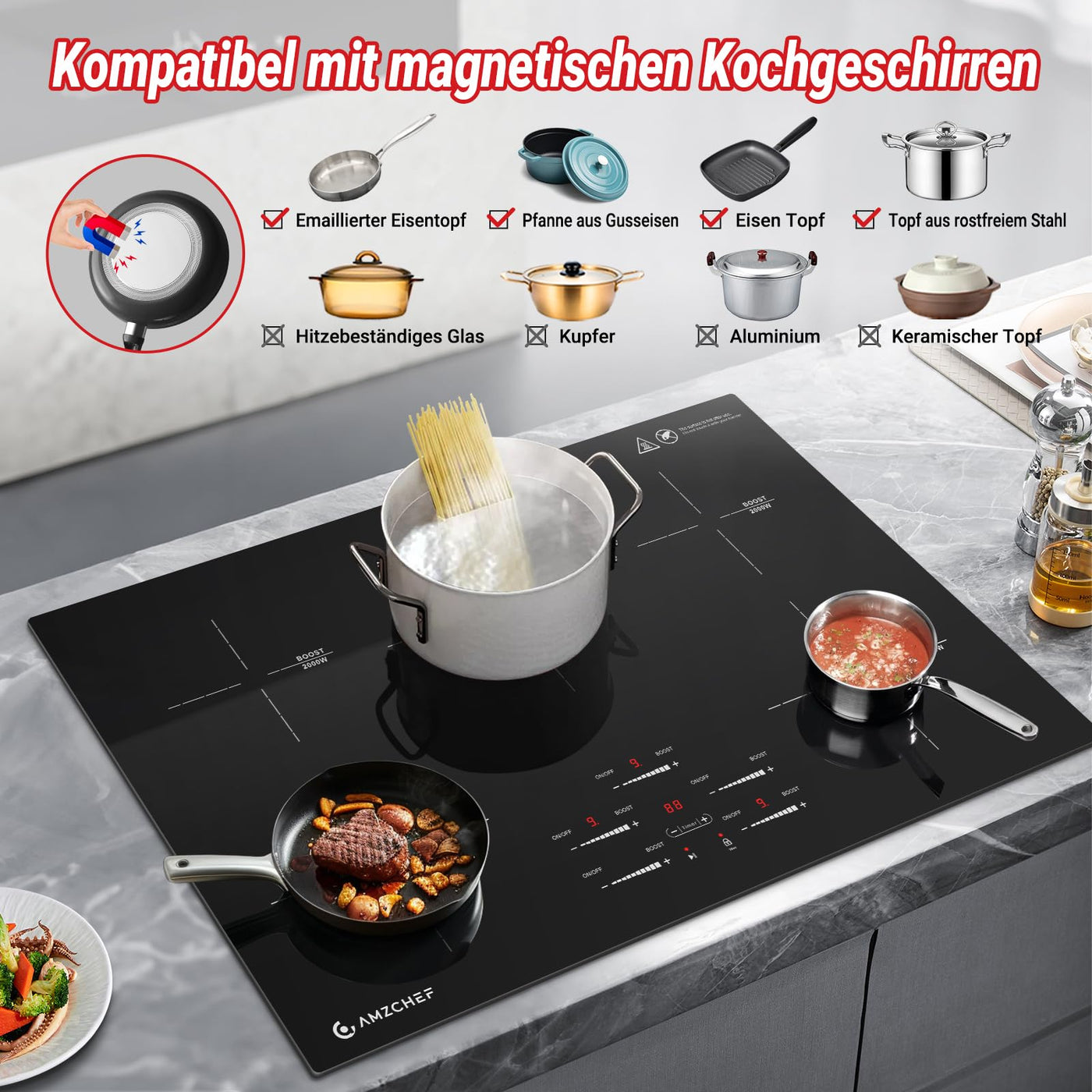 AMZCHEF Induktionskochfeld 80cm, Einbau Induktionskochplatte 5 Zonen mit Booster und 9 Stufen, Pausenfunktion, Warmhalten, Slider-Steuerung, Timer, Sicherheitsschloss, 9500W