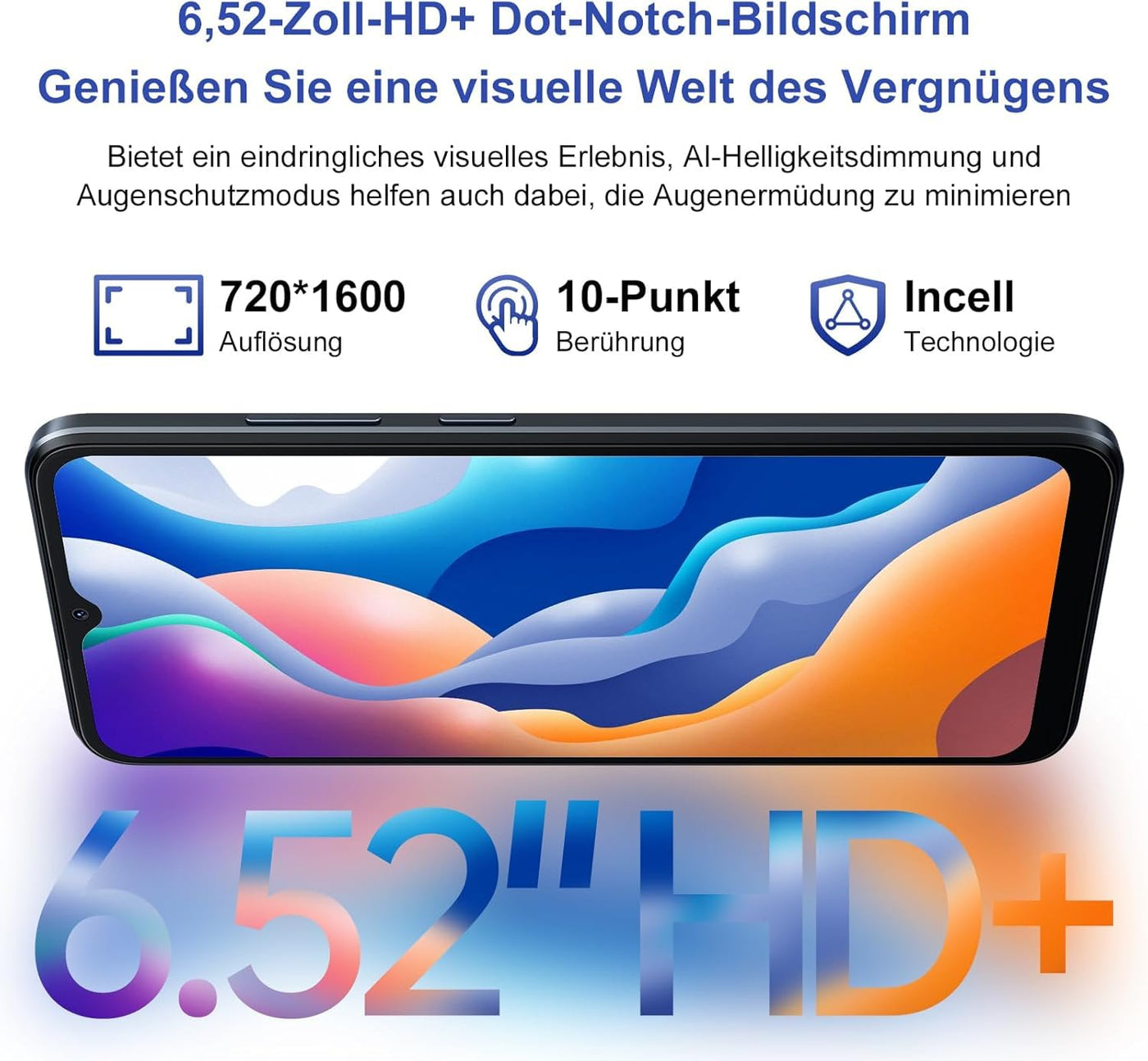 Blackview Wave 6C Akku 5100mAh Handy Ohne Vertrag Günstig, Octa Core 6,52" HD+ Smartphone, 4GB+32GB/1TB erweiterbar, 8MP+5MP Panorama Kamera, Android 13, 4G Dual SIM, Simlockfreie, 2 Jahre Garantie