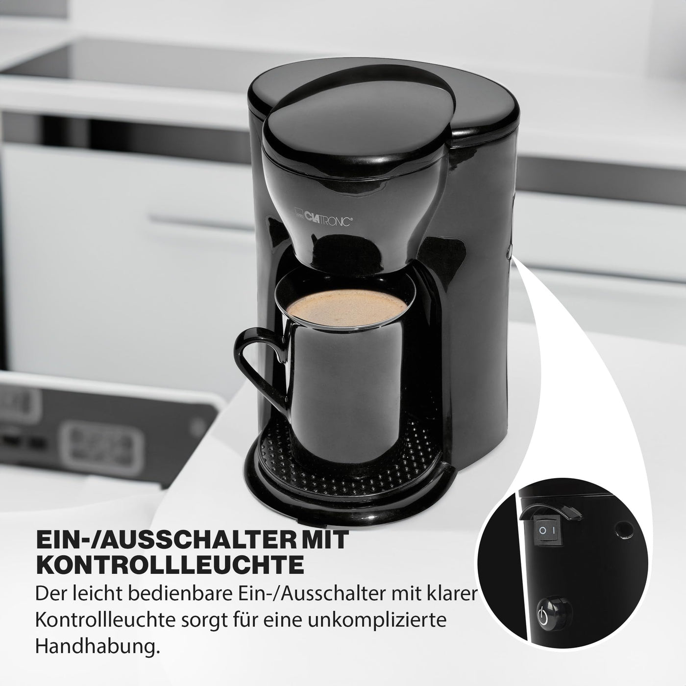 Clatronic® 1-Tassen-Kaffeeautomat | Kaffeemaschine perfekt für Singles | Filterkaffeemaschine inkl. Keramiktasse | kleine Kaffeefiltermaschine ideal für unterwegs | KA 3356