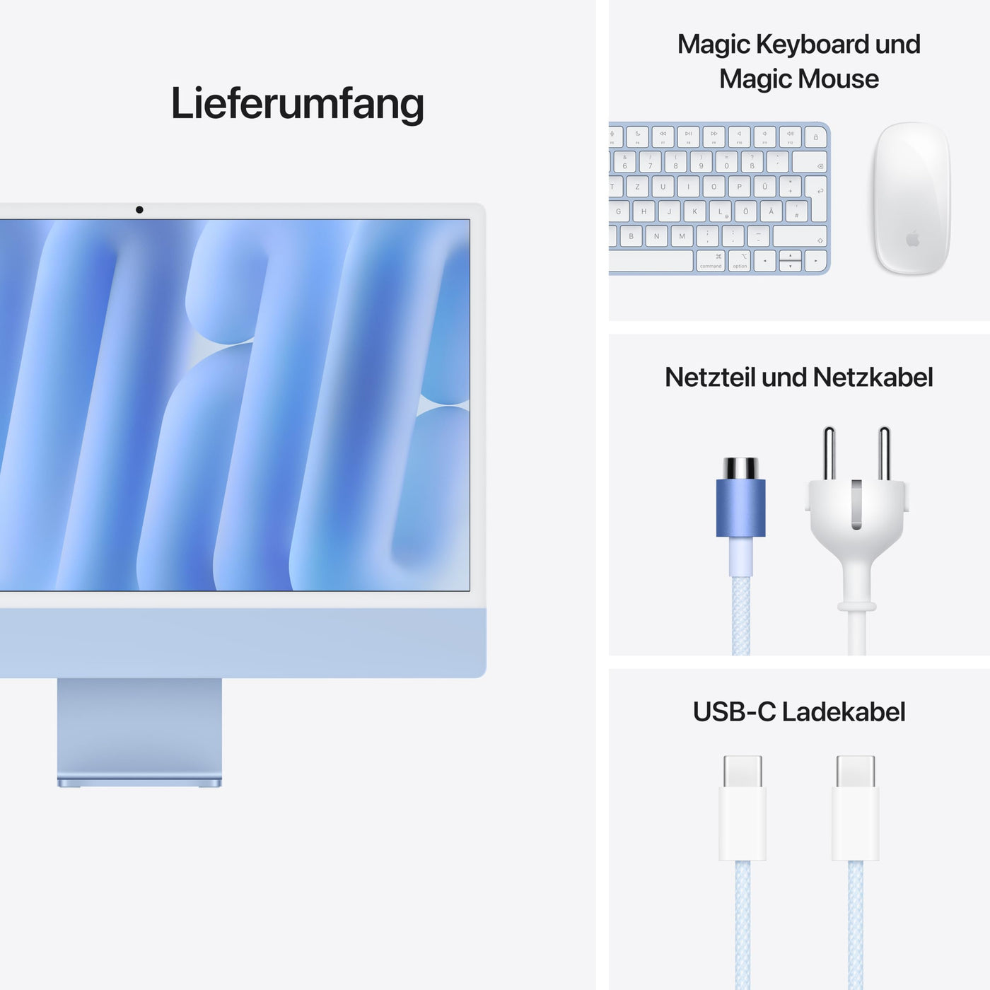 Apple iMac All-in-One Desktop-Computer mit M4 Chip mit 8 Core CPU und 8 Core GPU: 24" Retina Display, 16 GB gemeinsamer Arbeitsspeicher, 256 GB SSD Speicher, passendes Zubehör; Blau