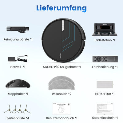 AIRROBO Saugroboter mit Wischfunktion, P30 Staubsauger Roboter mit 3000Pa Saugkraft, 120Min Laufzeit, Kehren Saugen Wischen 3 in 1 Roboterstaubsauger für Tierhaare, Teppich, Hartboden