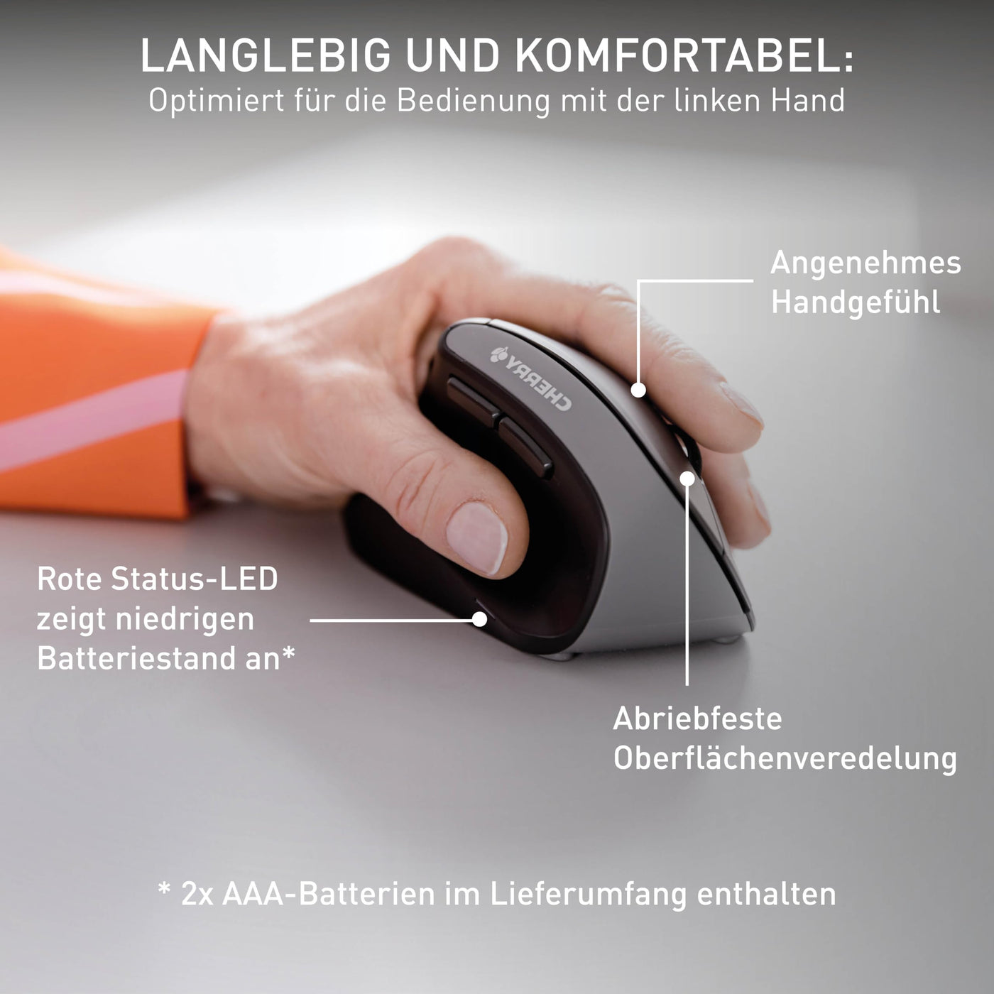 CHERRY MW 4500 LEFT, Ergonomische Vertikale Maus für Linkshänder, Kabellos (2,4 GHz Funk), 3-stufig regelbare Auflösung bis 1200 dpi, Batteriebetrieben, Schwarz