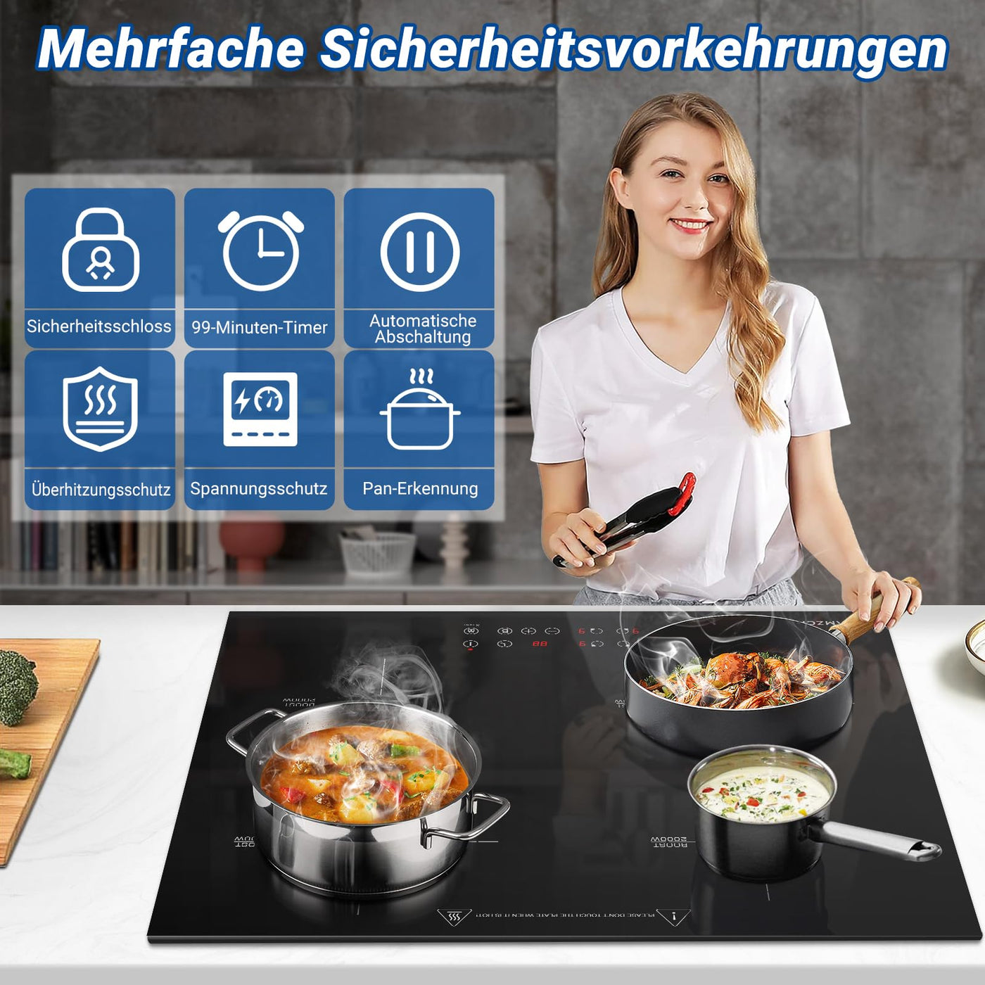 AMZCHEF Induktionskochfeld 60cm, 4 Platten Induktionskochfeld | Einbau Induktionskochplatte | Boost-Funktion | 9 Leistungsstufen | Sicherheitsschloss | Touch-Bedienung | Zeitschaltuhr | 7200W