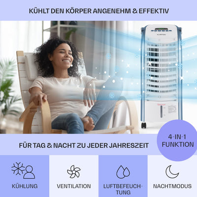 Klarstein Luftkühler mit Wasserkühlung, 4-in-1 Verdunstungskühler, Luftbefeuchter, Ventilator & Nachtmodus, Mobile Klimageräte Luftkühler mit 6L Tank, 65 Watt Air Cooler, 444 m³/h Luftstrom