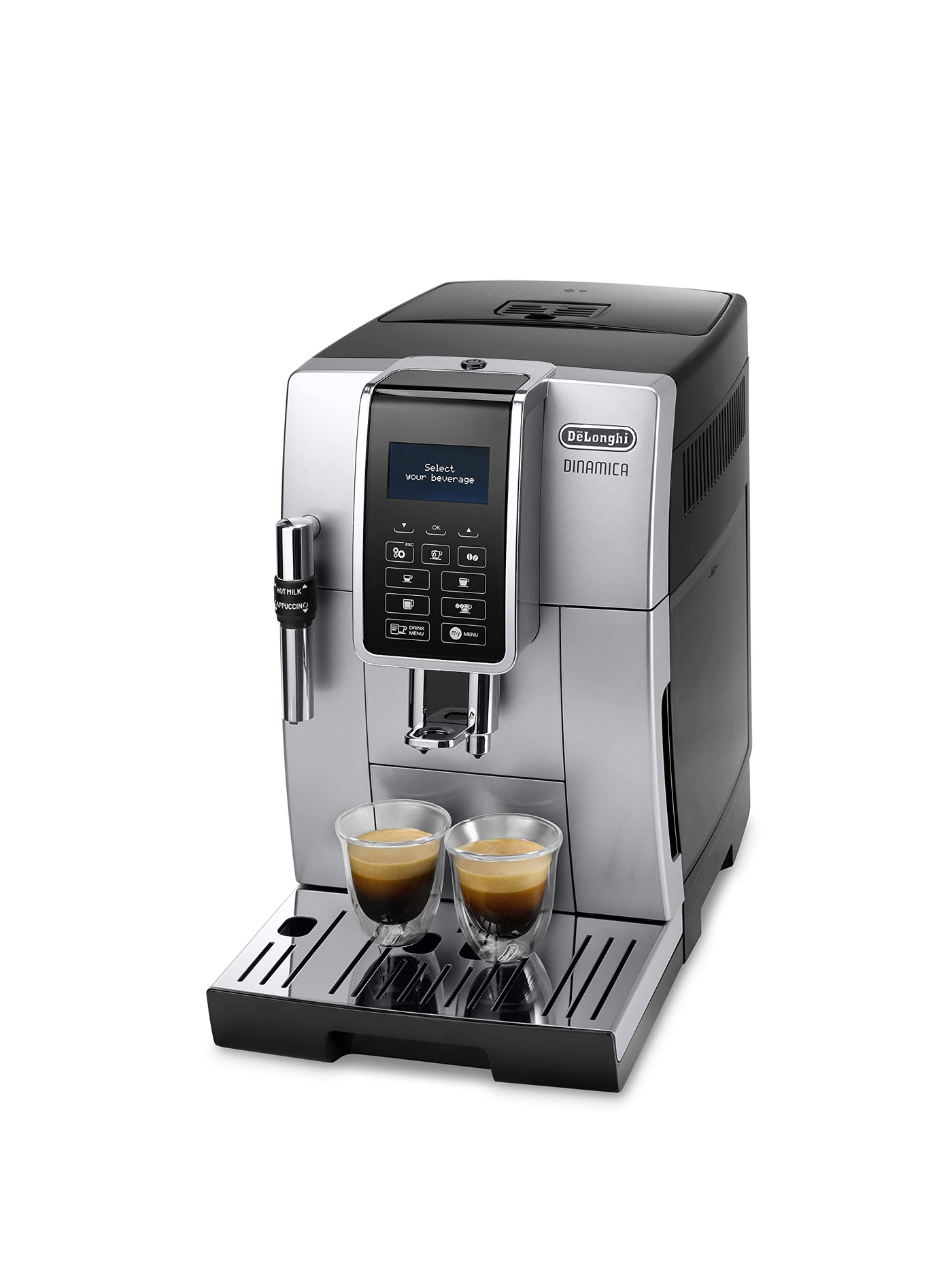 De'Longhi Dinamica ECAM 350.35.SB Kaffeevollautomat mit Profi-Milchaufschäumdüse für Cappuccino, Espresso, Kaffee und Long Coffee Direktwahltasten, Klartext Digitaldisplay, 2-Tassen-Funktion, Silber