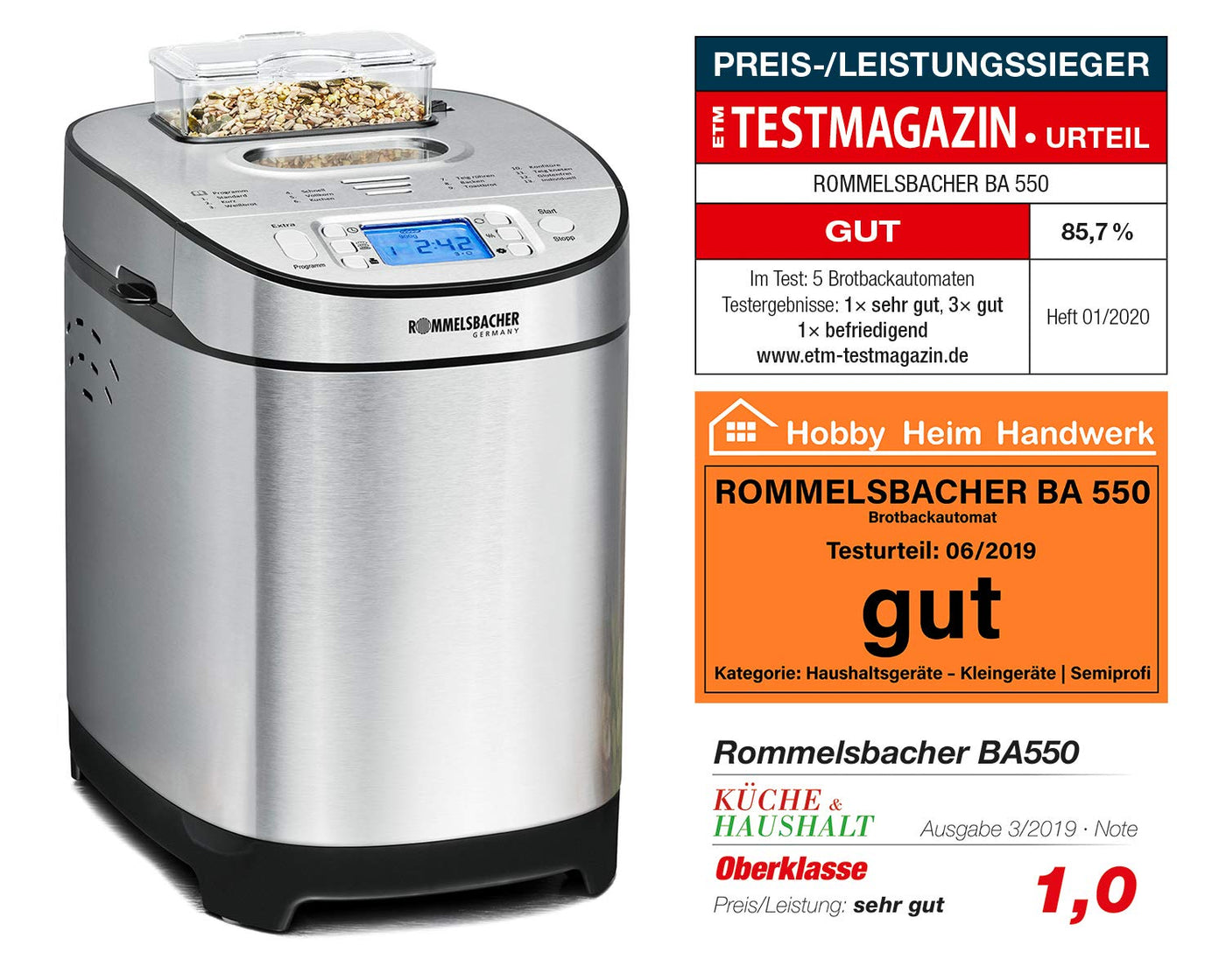 ROMMELSBACHER Brotbackautomat BA 550-13 Programme, automatisches Zutatenfach, 2 Brotgrößen (700 g / 900 g), einstellbarer Bräunungsgrad in 3 Stufen, auch für glutenfreies Brot, Edelstahl/schwarz