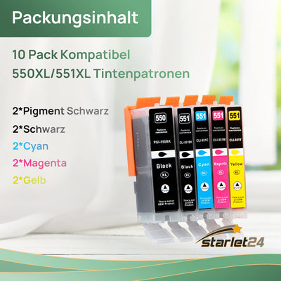 10er-Set Druckerpatronen Kompatibel zu Canon PGI-550 CLI-551 für PIXMA iP-7200 iP-7250 iP-8750 iX-6850 MG-5450 MG-5550 MG-5650 MG-5655 MG-6350 MG-6450 MG-6650 MG-7100 MG-7150 MG-7550 MX-725 MX-925